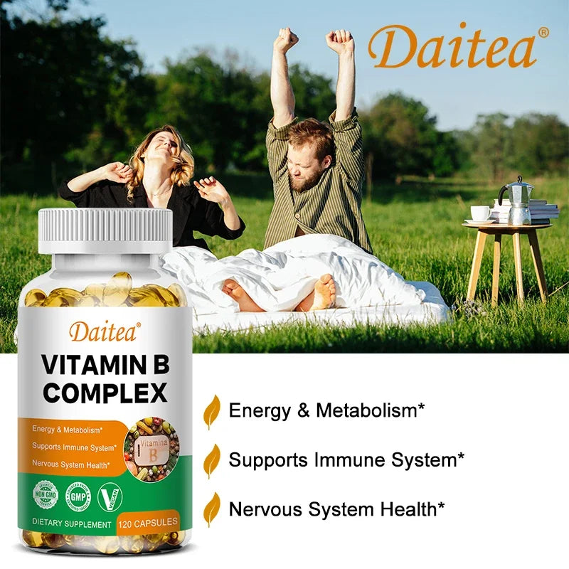 DAITEA - Vitamin B Complex Capsules - B12, B1, B2, B3, B5, B6, B7, B9, Folic Acid and Biotin - Reduce Stress, Boost Immunity