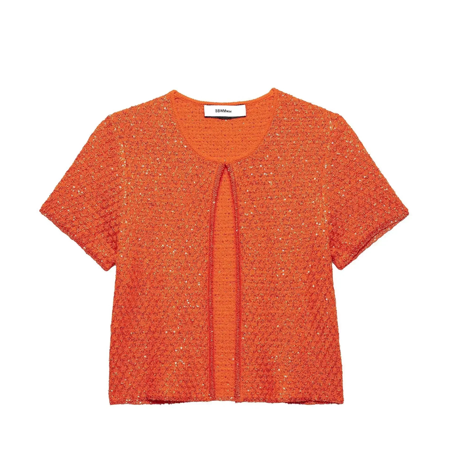 Elegant Sequined Orange Cardigans Women Y2k O-neck Short Sleeve One Button Female Tops 2025 Street Summer Lady Chic Knitwear