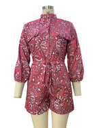 BAMBOOBOY Women Summer Long Sleeve Playsuit with Waist Elastic Band Casual Stand Collar Pocket Loose Wide Leg Short Jumpsuit