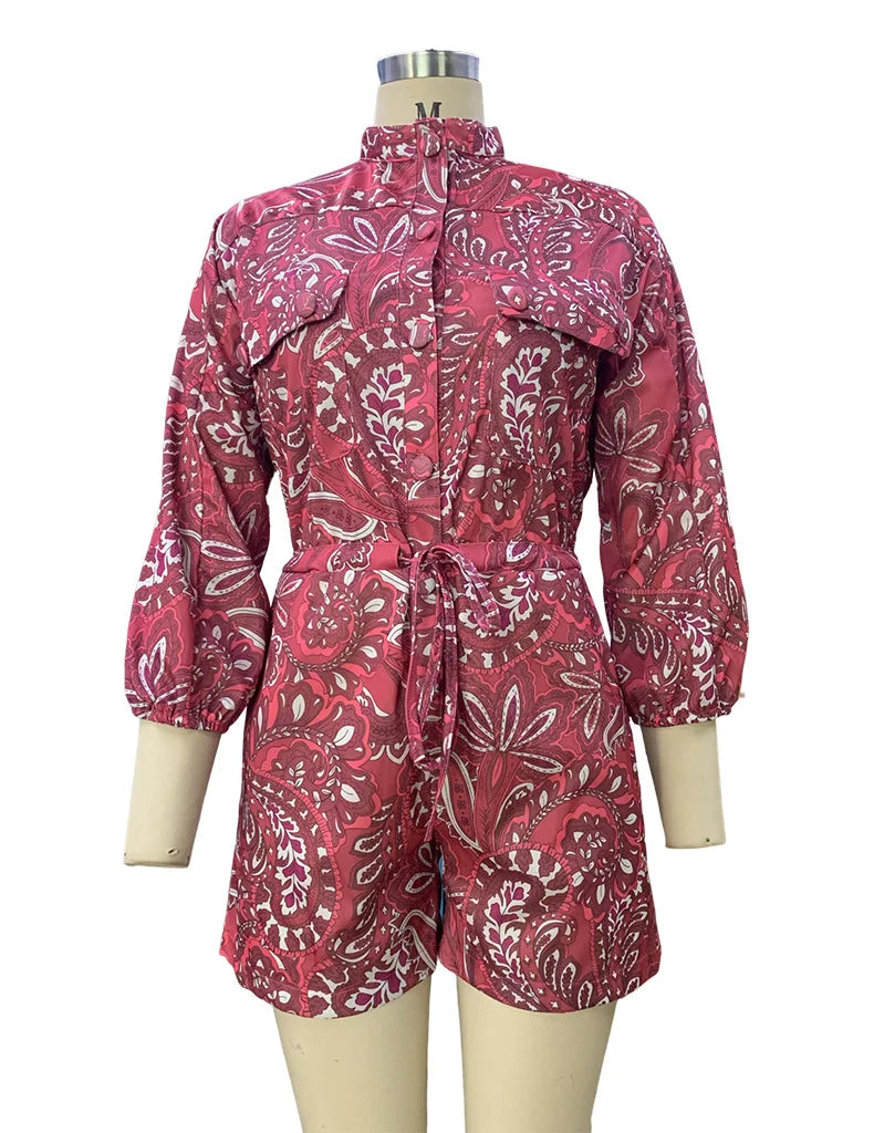 BAMBOOBOY Women Summer Long Sleeve Playsuit with Waist Elastic Band Casual Stand Collar Pocket Loose Wide Leg Short Jumpsuit