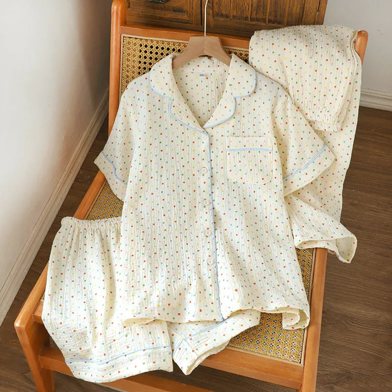 2025 New Summer Women's Pajama Set 100% Cotton Crepe Short Sleeve+Shorts+Pants 3-Piece Pajama Women's Cardigan Home Clothes