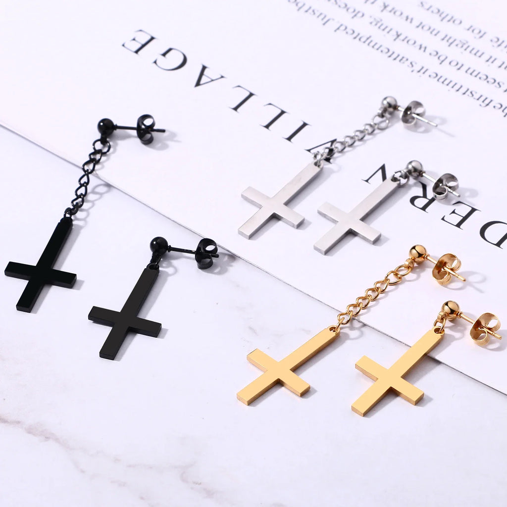 BONISKISS Men Women Stainless Steel Inverted Upside Down Cross Earring Church of Satan Temple Occult Satanic Witchy Stud Jewelry