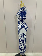 2025 New Sexy Short Sleeve Jacquard Blue Bandage Bodycon Long Dress Women Celebrity Elegant Evening Club Party Luxury Dresses