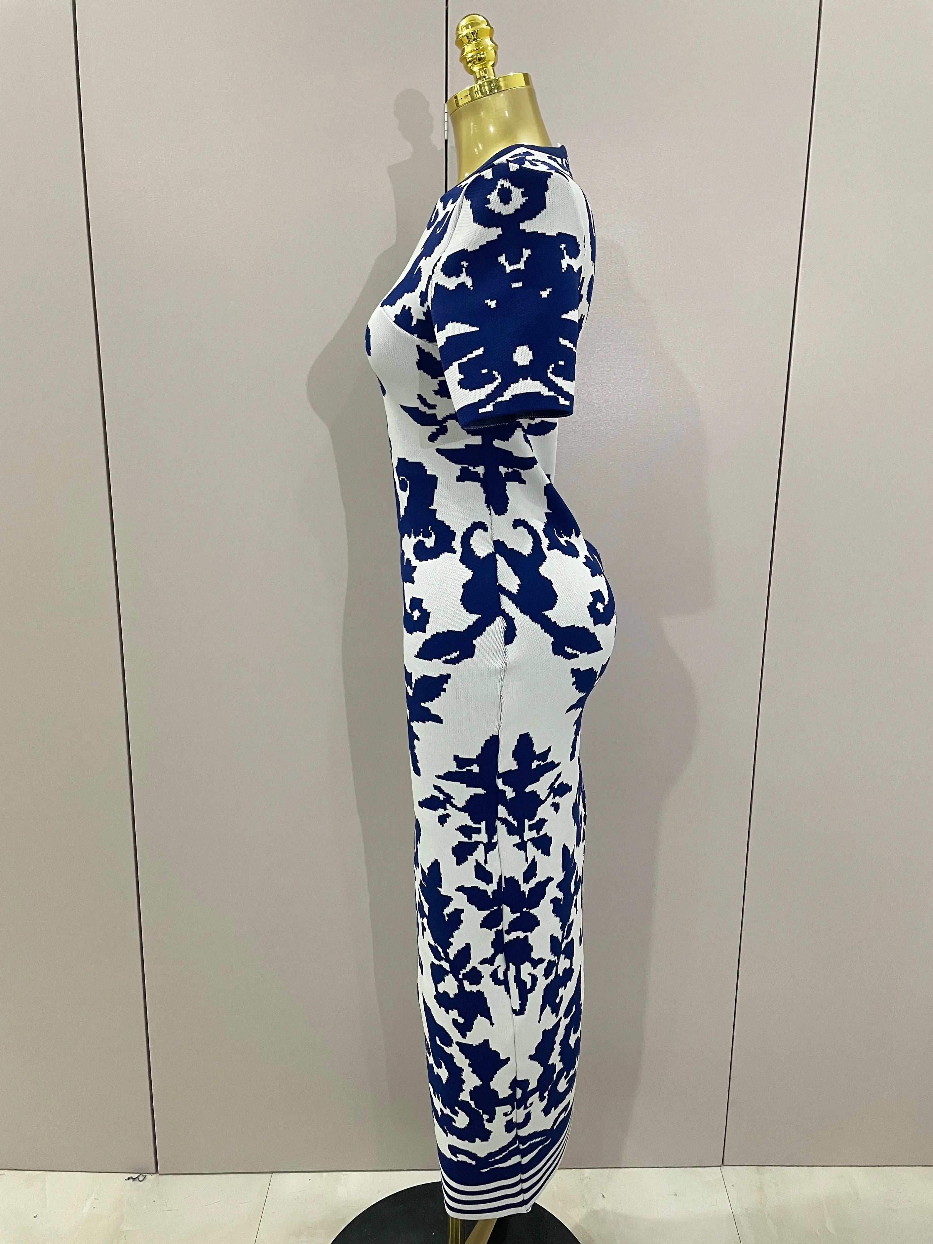 2025 New Sexy Short Sleeve Jacquard Blue Bandage Bodycon Long Dress Women Celebrity Elegant Evening Club Party Luxury Dresses