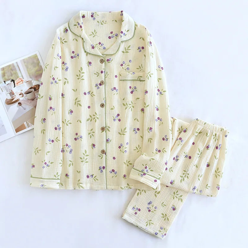 2025 Spring and Autumn Women's Pajama Set 100% Cotton Crepe Long sleeved Pants Two piece Cute and Sweet Home Fury Set Ladies