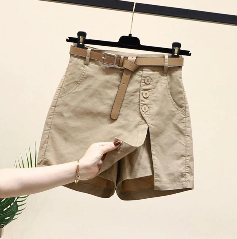 Chic Shorts Women Belt Korean Solid Buttons Side Slit A-line Streetwear Fashion Skirts Chic Harajuku Summer Loose Pants