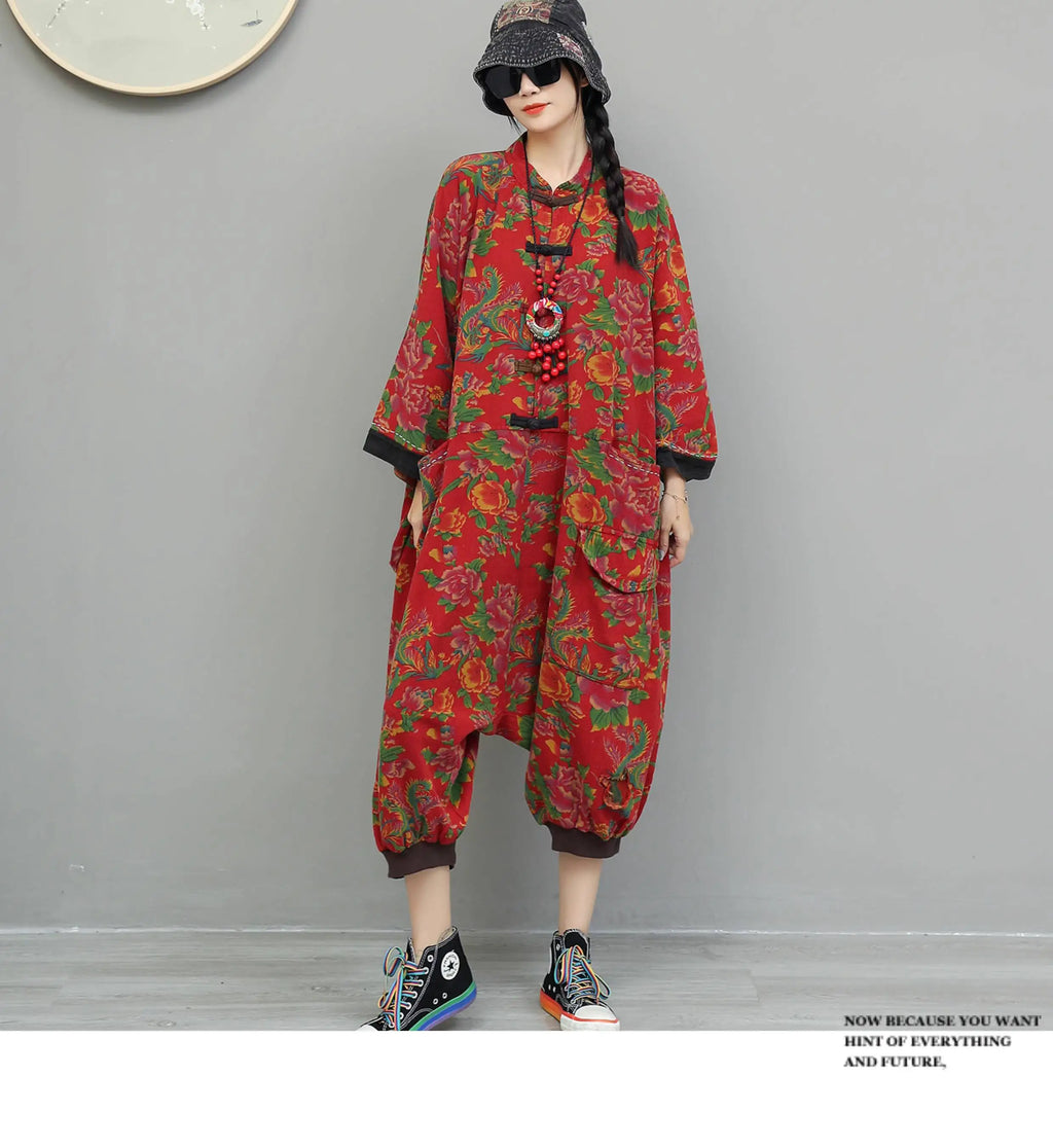 Artistic Large Floral Cotton Linen Chinese Style Button Embroidery Loose Casual Jumpsuit Women LX4344
