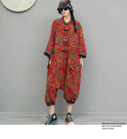Artistic Large Floral Cotton Linen Chinese Style Button Embroidery Loose Casual Jumpsuit Women LX4344