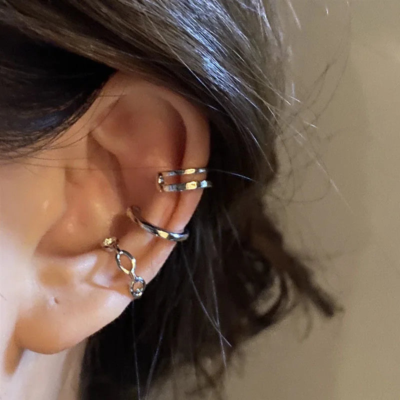 3Pcs/Lot  Silver Color Chain Ear Cuff Non-Piercing Fake Cartilage Clip Earrings For Women Men Creative Trend Christmas Jewelry