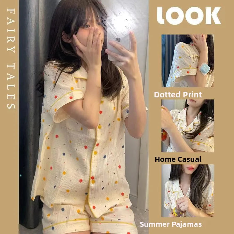 Cute Girl's Summer Cotton Linen ort Sve Nightgown Home Clothes Set Bear Print Gauze Spwear Simple Home Sle