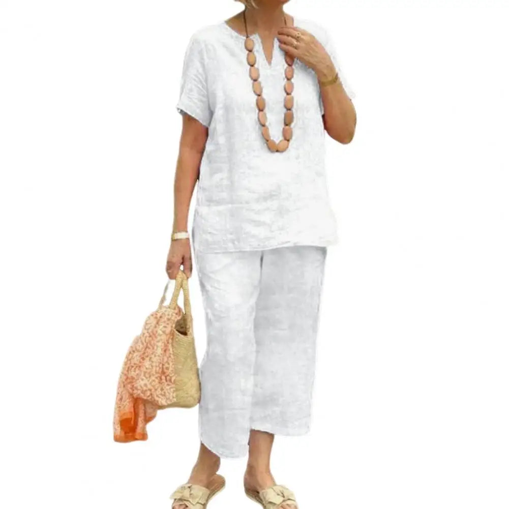 2Pcs Women Blouse Pants Set Solid Color Short Sleeve Loose Top Wide Leg Straight Pants Sets Casual Matching Tracksuit Outfit