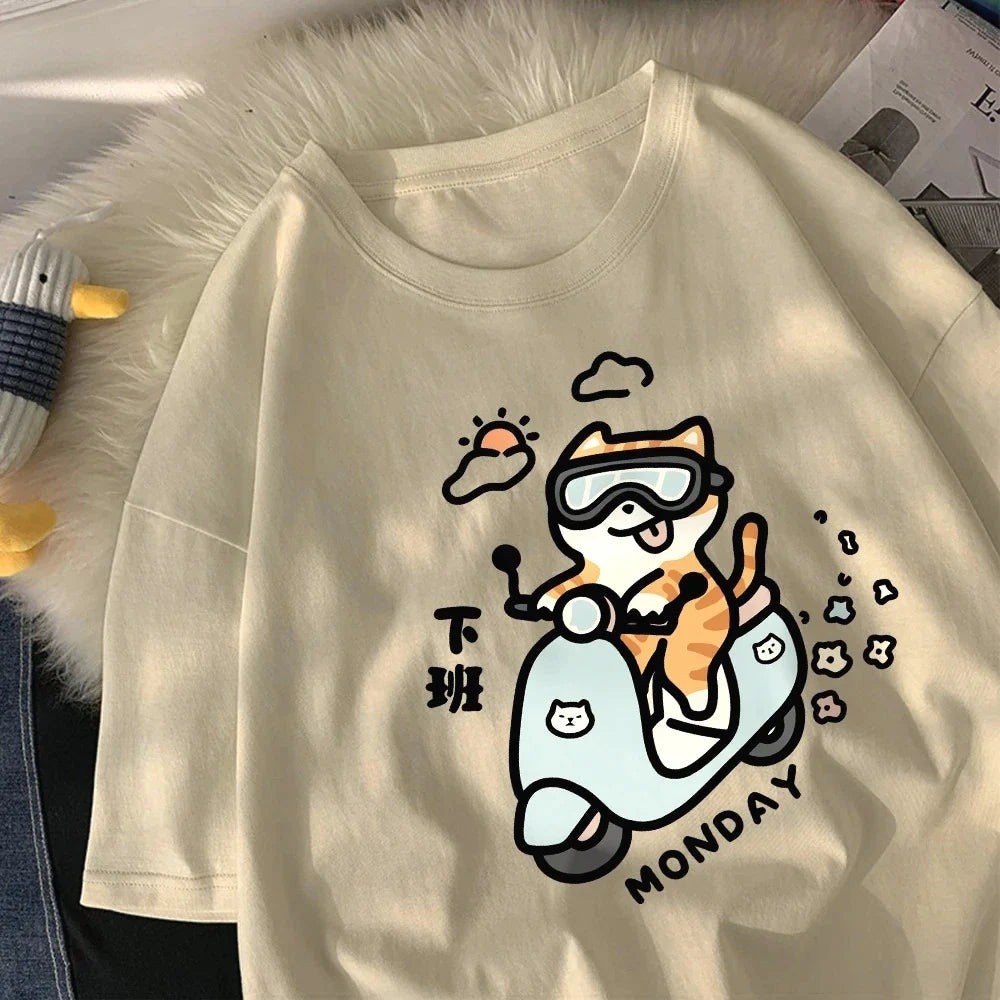 Cute Cat Riding Home After Work on Monday Women T-Shirts Cartoon Printed Tops Round Neck Soft T Shirt Summer Clothing