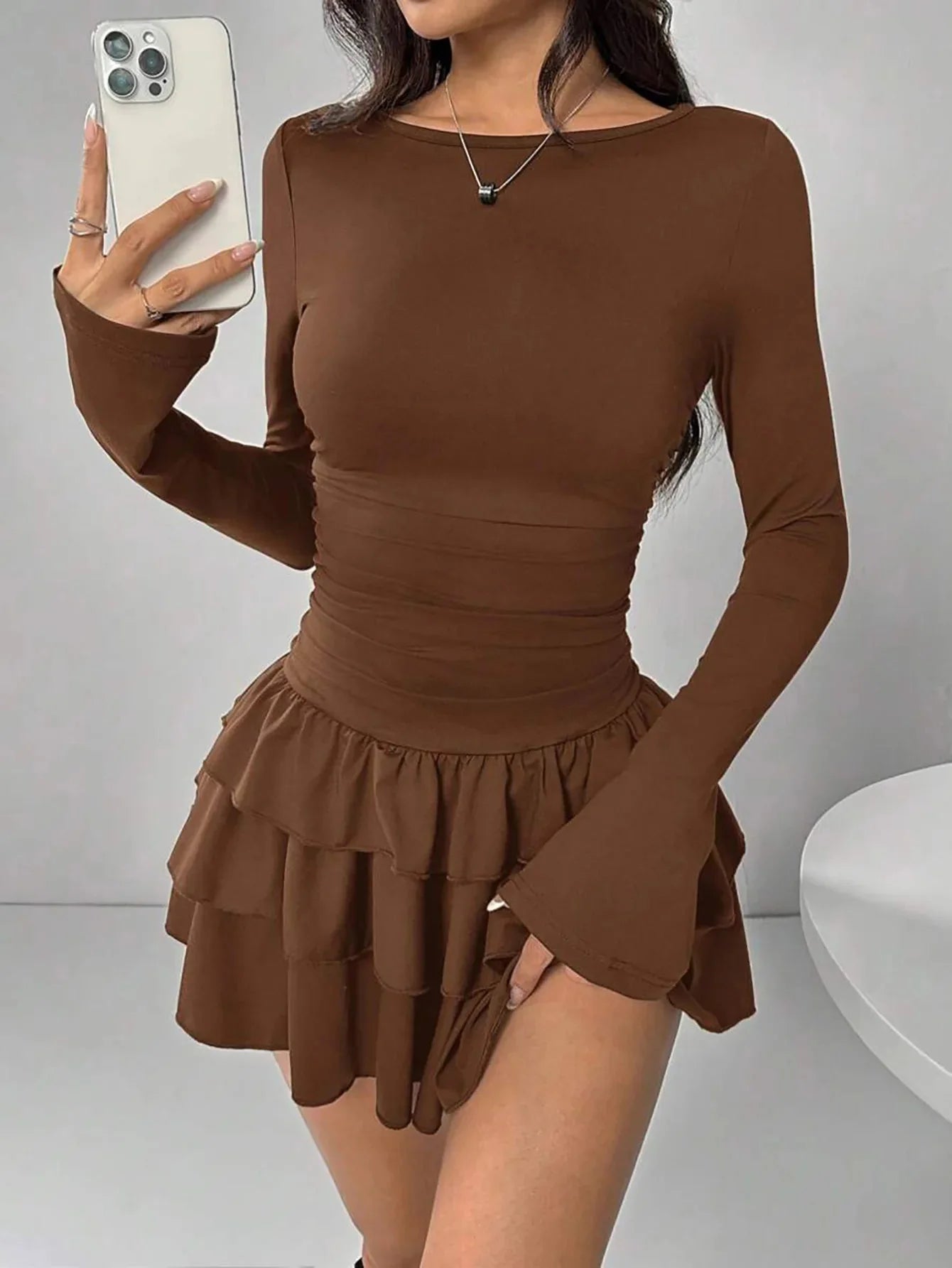2025 Autumn Solid Slim Fit Cascading Ruffles Mini Dress Winter Women Elegant Flare Sleeve High Waist Sexy Party Bodycon Dresses