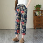 1pcs Spring Summer Women Cotton Comfort Breathable Pants Female Grid Flower Print Casual Loose Pant Lady Haren Straight Leg Pant