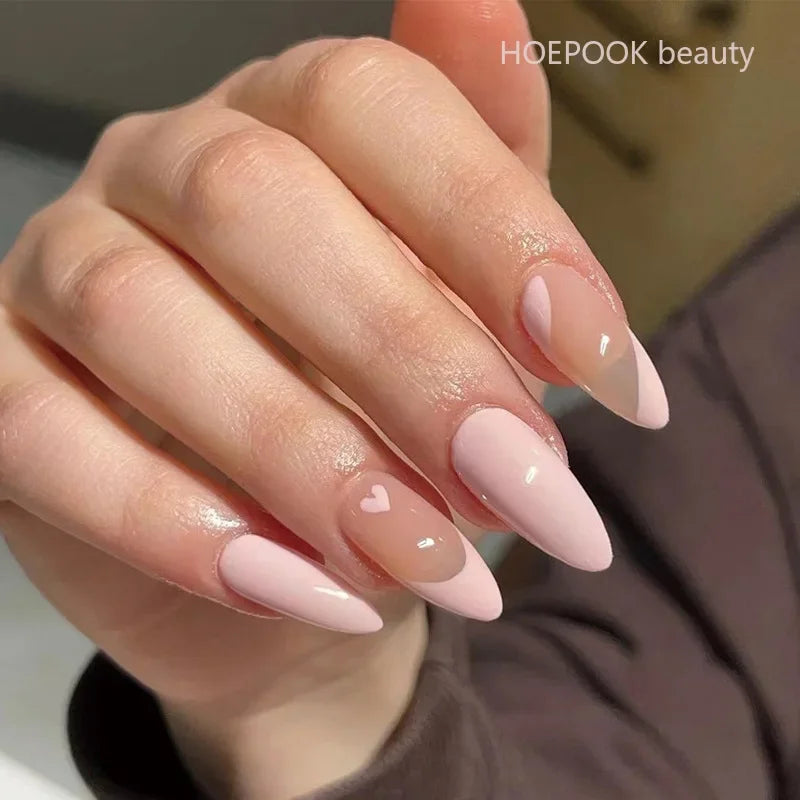 24pcs Nude French Fake Nails White Edge Almond False Nails Art Full Coverage Removable Waterproof Artificial Press on Nail