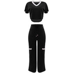 Elegant Women's Casual Short Sleeve T-shirt Sports Suit Summer Fashion Solid V Neck Short Top & Straight Pants Two Piece Sets