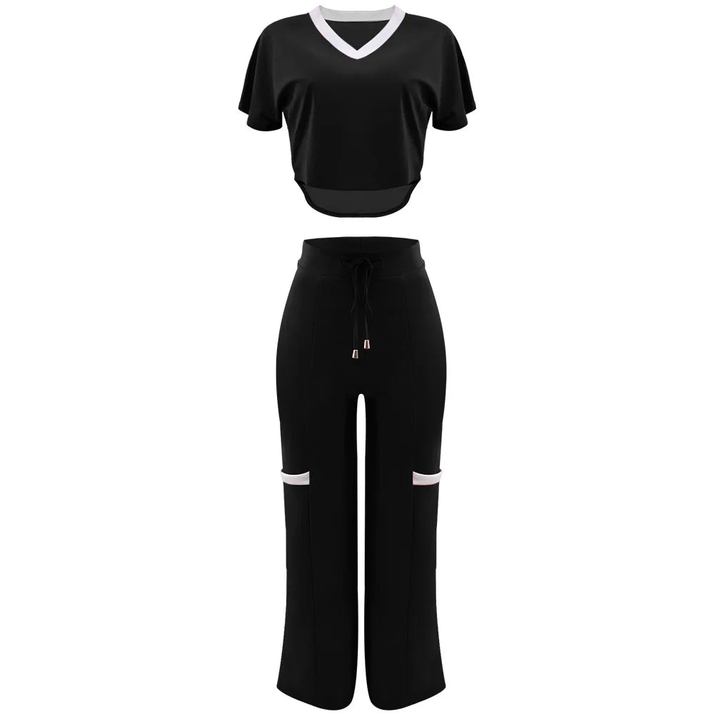 Elegant Women's Casual Short Sleeve T-shirt Sports Suit Summer Fashion Solid V Neck Short Top & Straight Pants Two Piece Sets