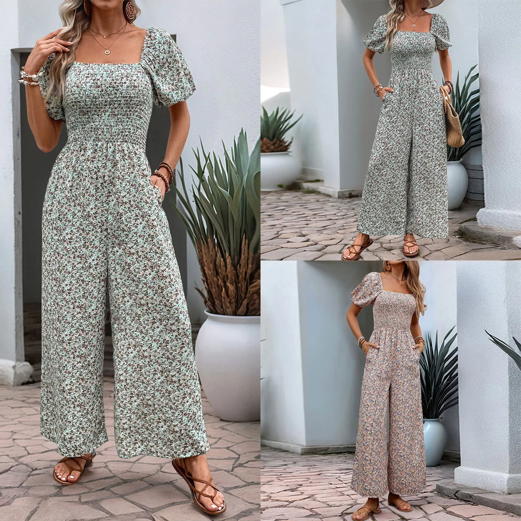 Bohemian Vacation Holiday Jumpsuit Women Pleated Wide Leg Rompers Chiffon Print Ethnic Playsuit Summer Casual Jumpsuits