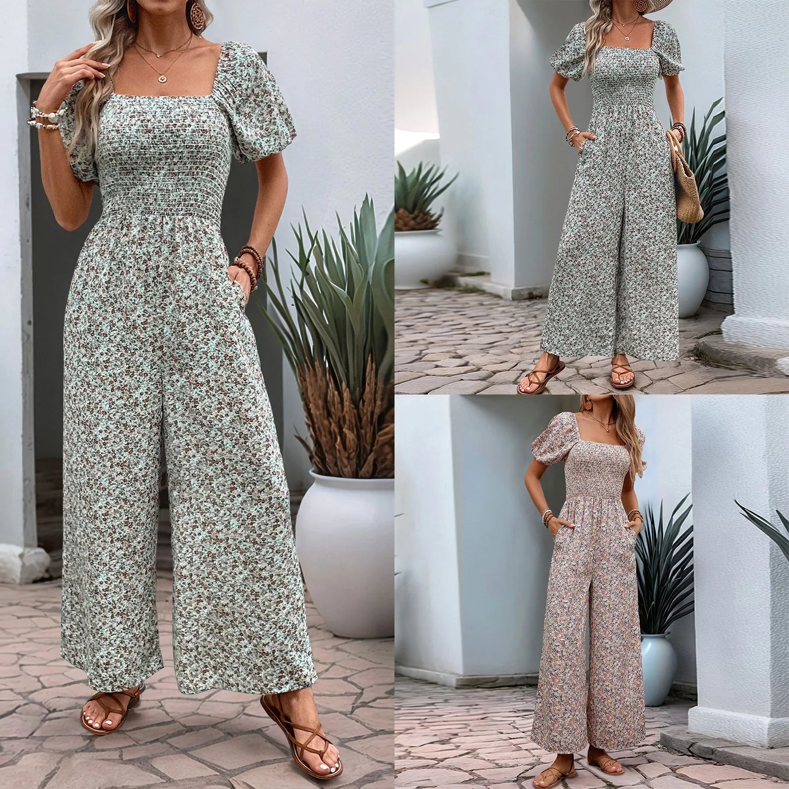 Bohemian Vacation Holiday Jumpsuit Women Pleated Wide Leg Rompers Chiffon Print Ethnic Playsuit Summer Casual Jumpsuits