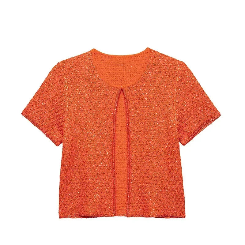 Elegant Sequined Orange Cardigans Women Y2k O-neck Short Sleeve One Button Female Tops 2025 Street Summer Lady Chic Knitwear