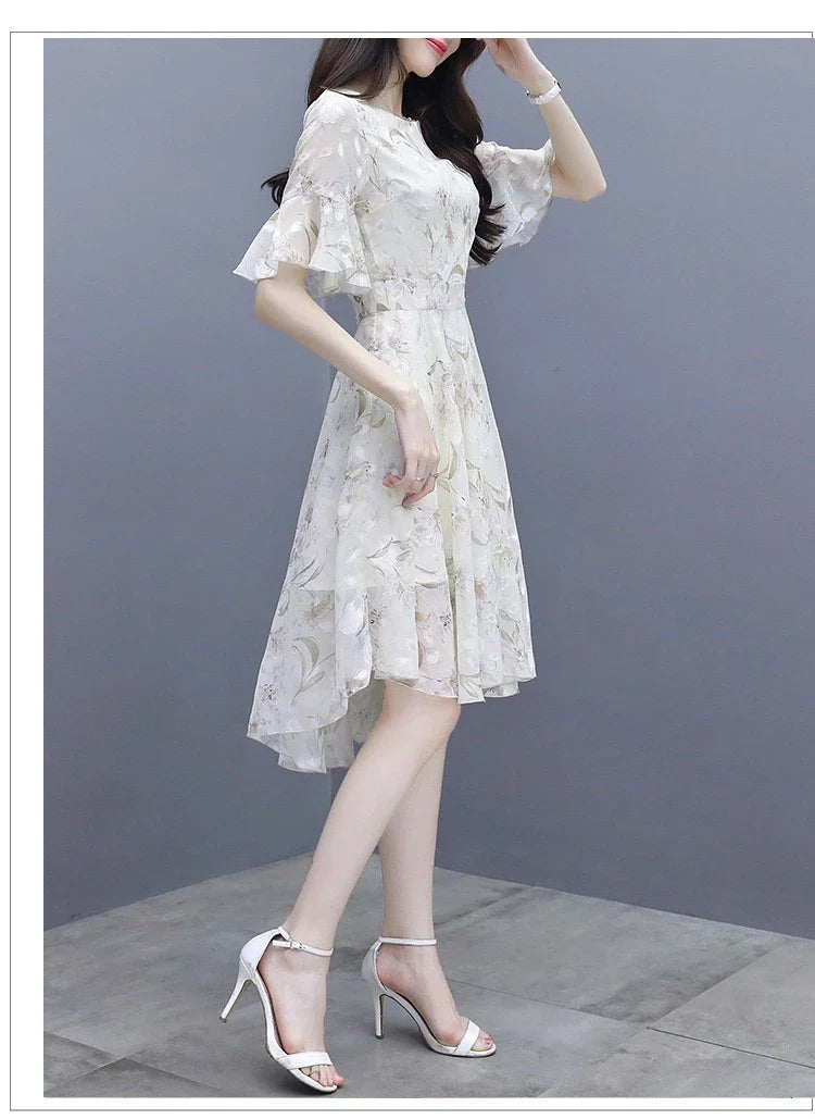 Ele Summer  Women's Midi Dr ang Hai Sle Sweet Princ round Ne ort Sve A-Line Skirt Printed Chiffon Dr