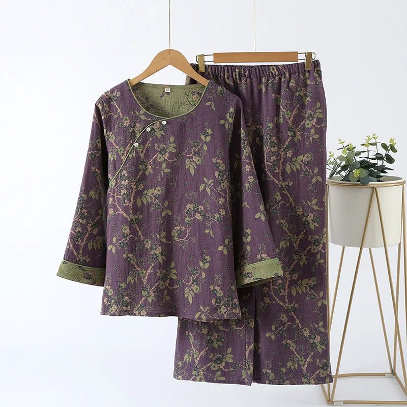 Chinese Style Women's Pajamas, Pure Cotton, Retro Color, Woven Jacquard, Home Clothing, Long Sleeves Trousers, Diagonal Collar
