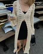 DSMTRC 2025 Holiday Knitted See-throught Cardigan Dress V Neck Long Flare Sleeves Leisure Long Trendy Single Breasted Autumn