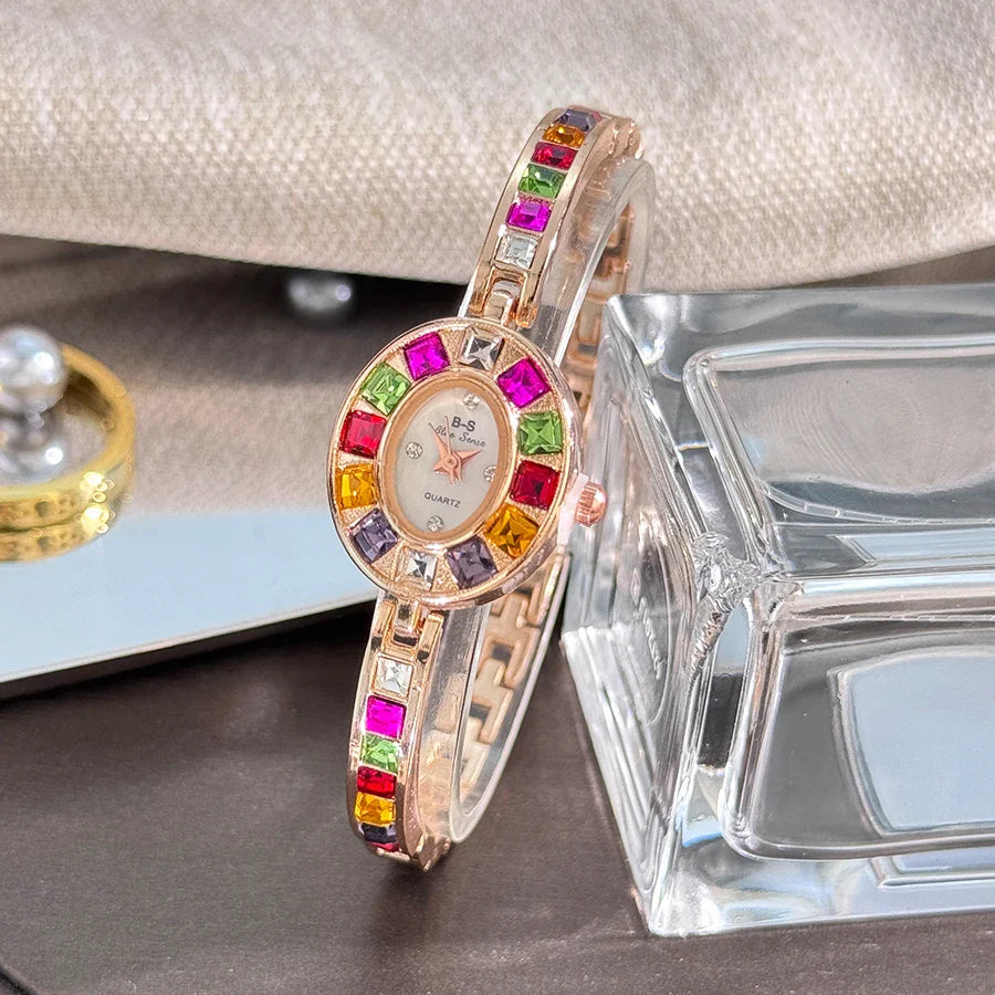 Color zircon advanced sense diamond set women's watch niche bracelet bracelet Small exquisite quartz watch cross-border hot sale