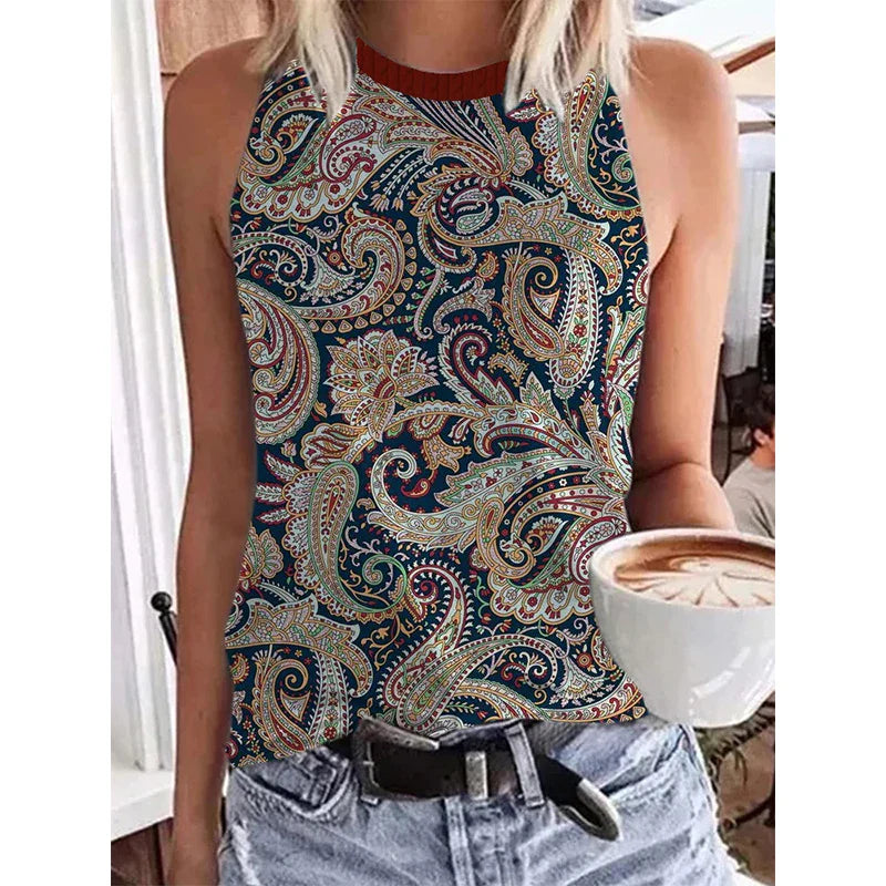 Ethnic Style Paisley 3D Print Tank Tops Women Retro Streetwear Y2k Oversized O-Neck Vest Off Shoulder Sleeveless Woman Camisole
