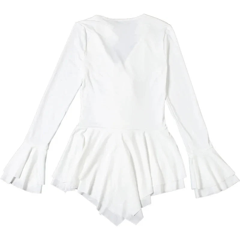 2025 New Autumn Irregular Hem Dress Women Y2K Flare Sleeve V-Neck Bandage Stretch Elegant Birthday Party Chic Hipster Bodycon