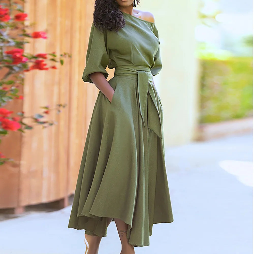 Elegant Women's Spring/Summer Fashion Green Diagonal Neck Middle Sleeve Casual Dress Women's Casual Retro Long Dress s-3XL