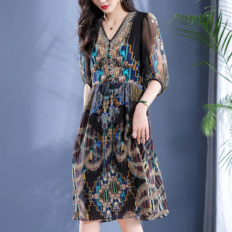 2025 Summer Bohemian Dresses For Women Elegant V-neck High Waist Women's Print Black Dress A-line 100% Real Silk Long Midi Dress