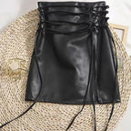 Black Leather Mini Skirts Women Gothic High Waist Slim Fit Lace Up Pencil Skirt Female Sexy Club Back Zipper Split Bag Hip Skirt