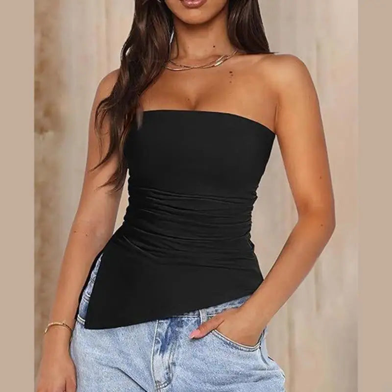 920L Strapless Ruched Asymmetrical Tube Top for Women Off Shoulder Bandeau Shirt Solid Color Side Split Fit Top