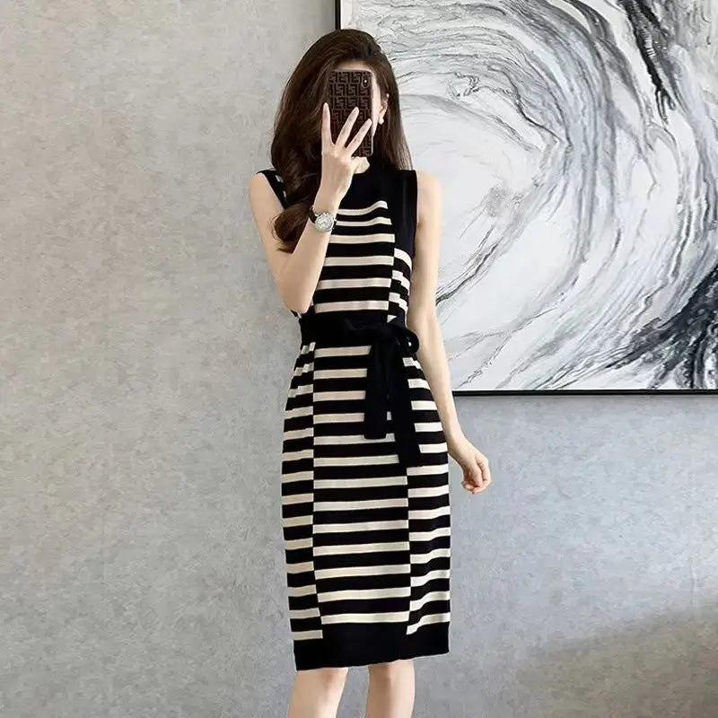 2025 Summer New Over-knee Long Temperament Slim Waist Vest Sleeveless Slim Striped Knitted Dress