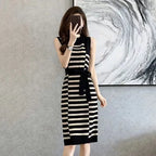 2025 Summer New Over-knee Long Temperament Slim Waist Vest Sleeveless Slim Striped Knitted Dress