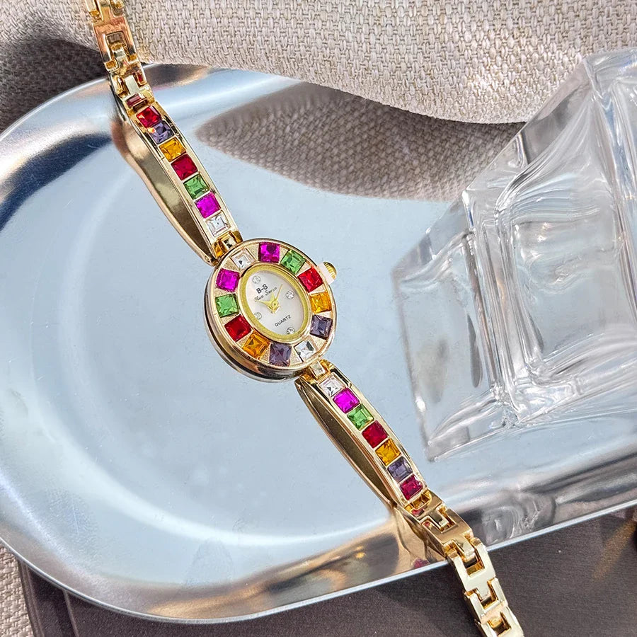 Color zircon advanced sense diamond set women's watch niche bracelet bracelet Small exquisite quartz watch cross-border hot sale