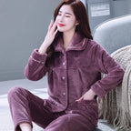 Autumn Winter Thicken Flannel Women Pajamas Set Two-piece suit Warm Loose Long-sleeve Female Casual Home service Single-breasted