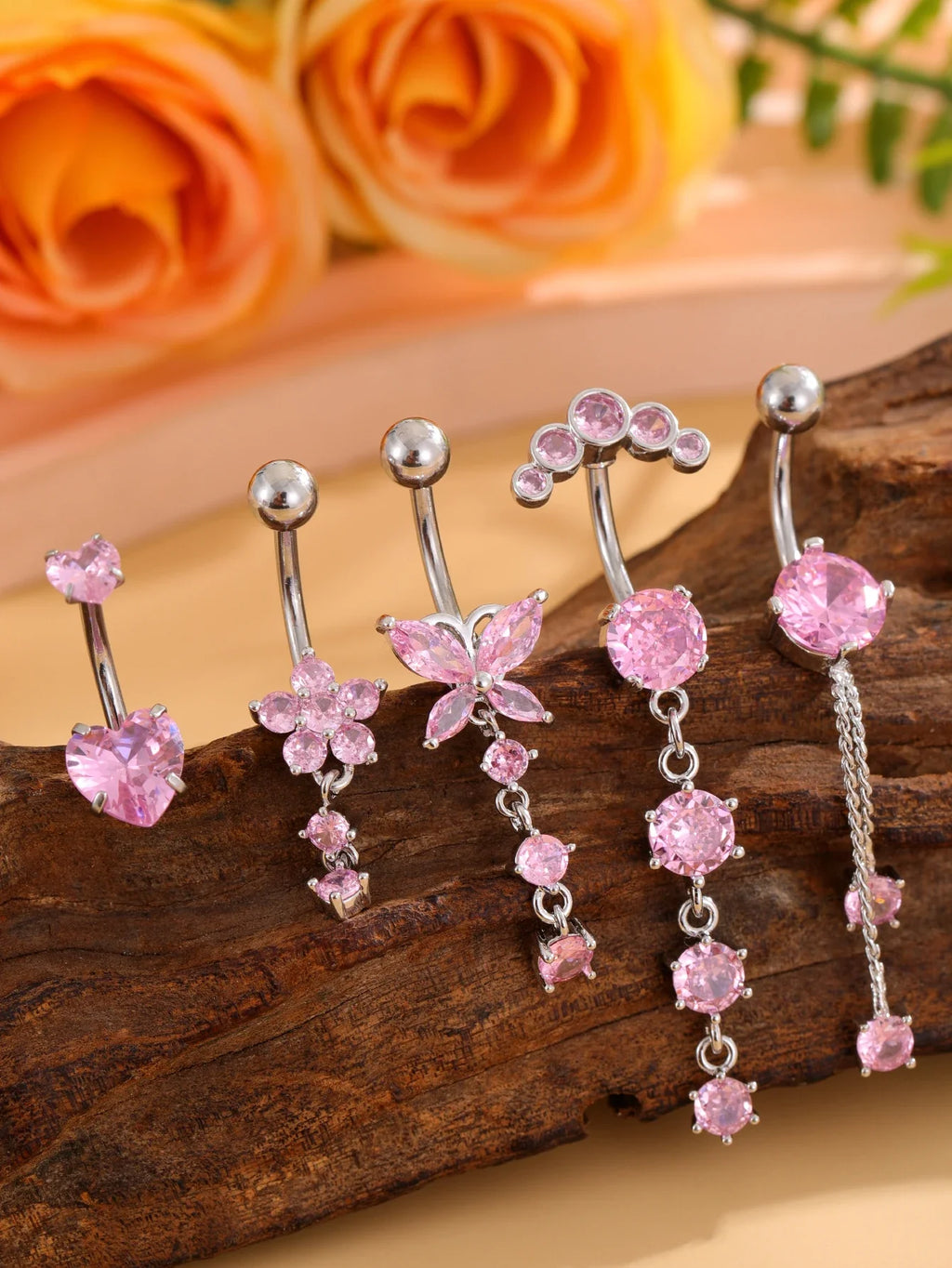 14G Gold Color Series Butterfly Dangled Belly Piercing Sets 5PCS/Lot Heart Flower Curved Navel Navel Ring Belly Button Rings