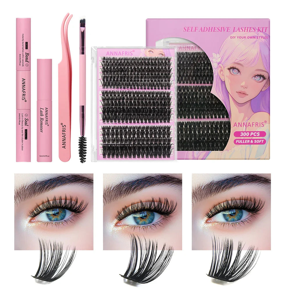 ANNAFRIS 300Pcs DIY Cluster Lash Extension Kit Color individual Lashes Kit with Lash Bond&Seal Remover Tweezers