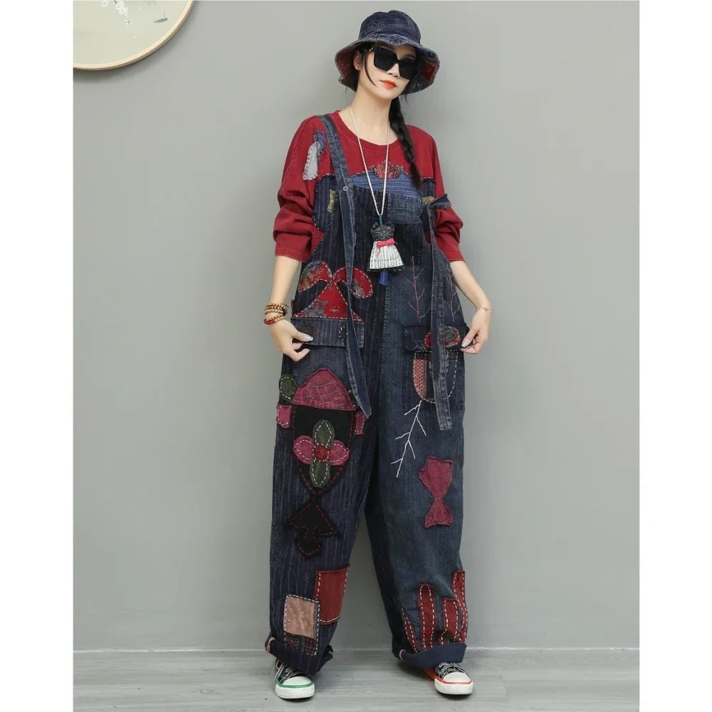 Hand Embroidery Old Cloth Patchwork Wide Leg Strap Long Pants Women Autumn Loose High Waist Jumpsuit LX4343