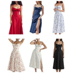 Comfortable Midi Dress for Women Sleeveless Party Dress Elegant Lace-up Bandeau Dress with Corset Design Side Split Hem Women's