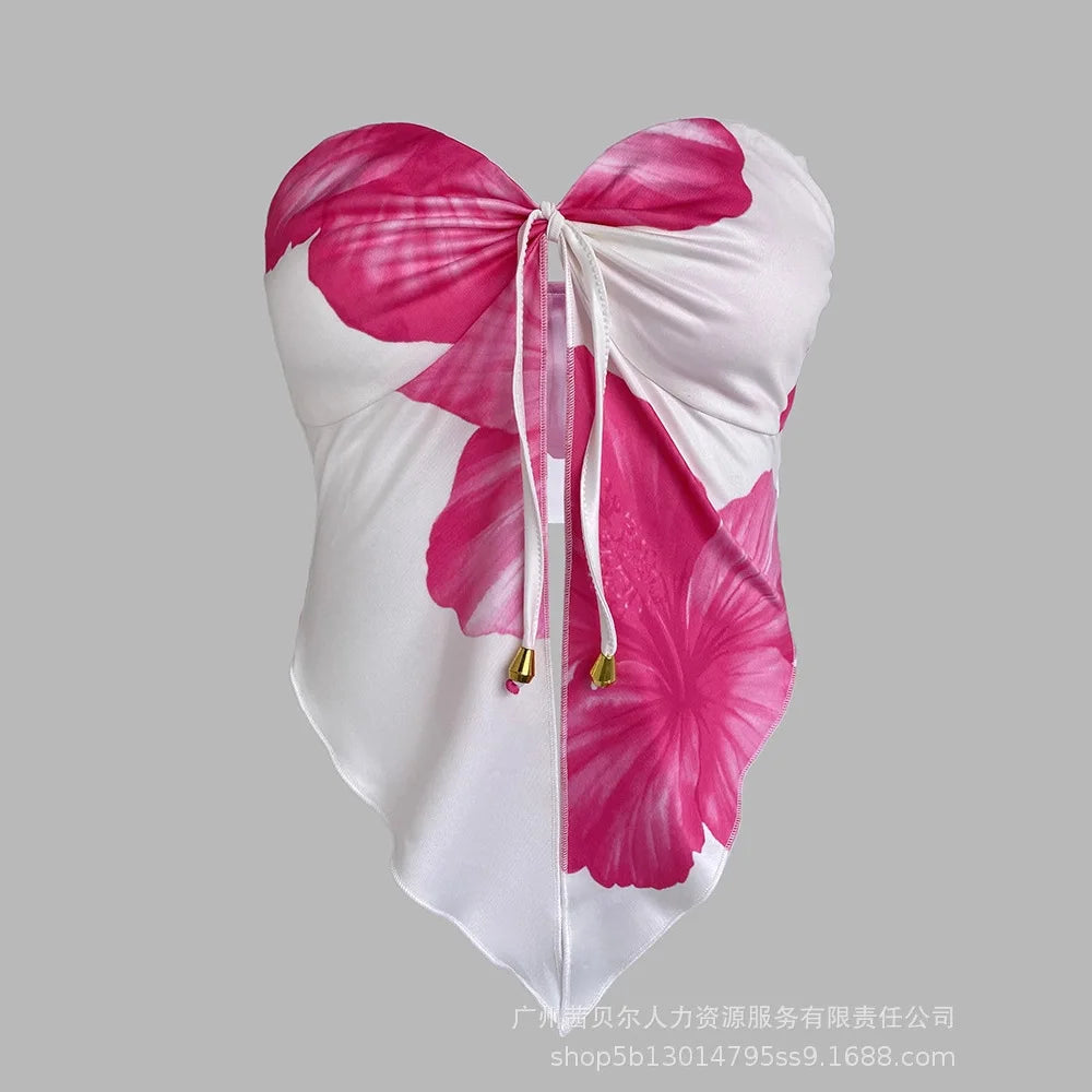 2 Piece Set Women's Floral Print Split Strapless Sleeveless Top & Mini Shorts Pants Set Summer Sexy