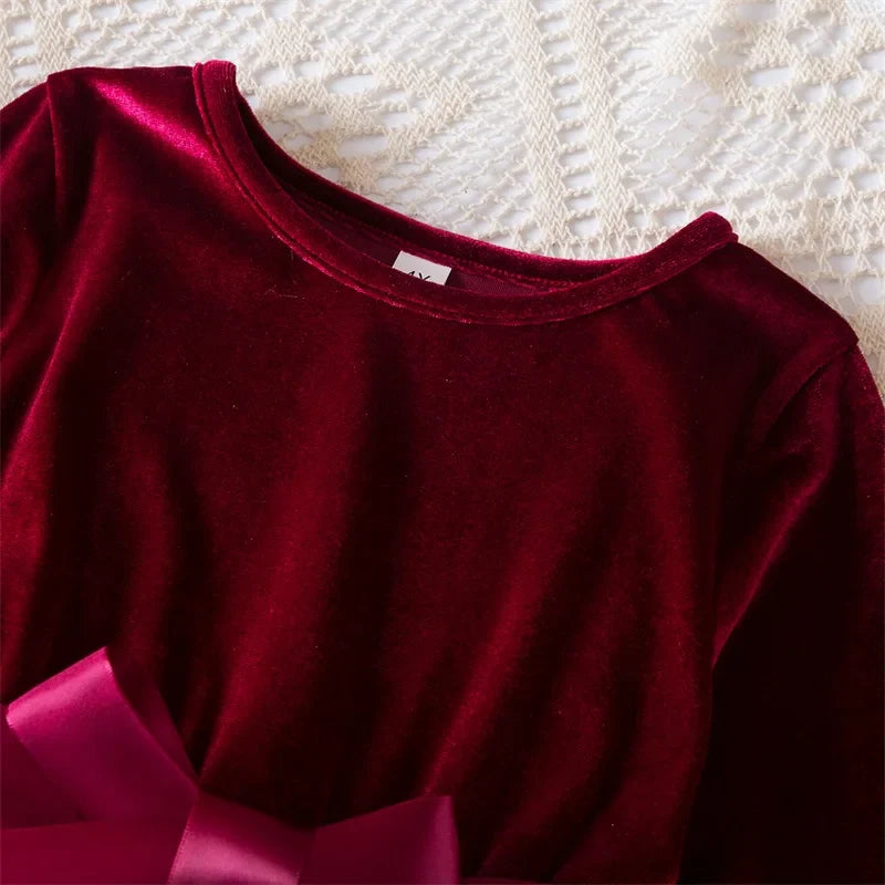 2025 Red Christmas Dress for Baby Girls Winter Long Sleeve Mesh Dresses for 3-8Yrs Kid Star Sequin Birthday Party Princess Dress