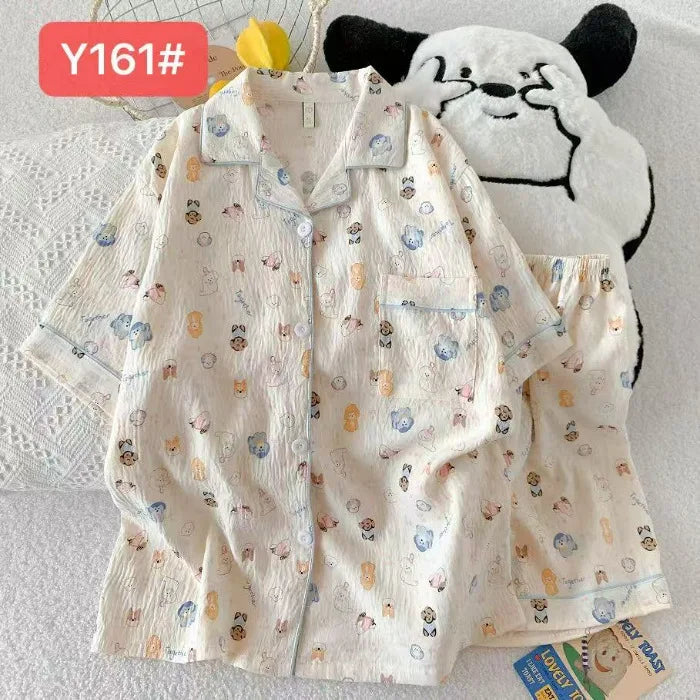Cute Pink Cloud Cotton Spwear Bear Print Home Clothes Long Sve ort Sve Women's Comfortable Home Suit Summer Thin