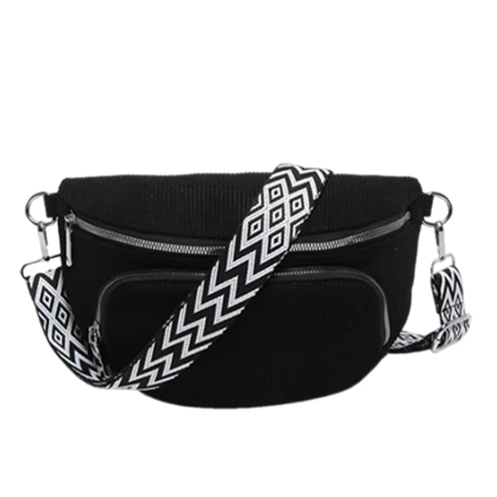 Corduroy Chest Bag Fashion Fanny Pack Wide Guitar Strap Casual Waist Bag Multi-pockets Hobo Sling Bag Outdoor Travel Bag