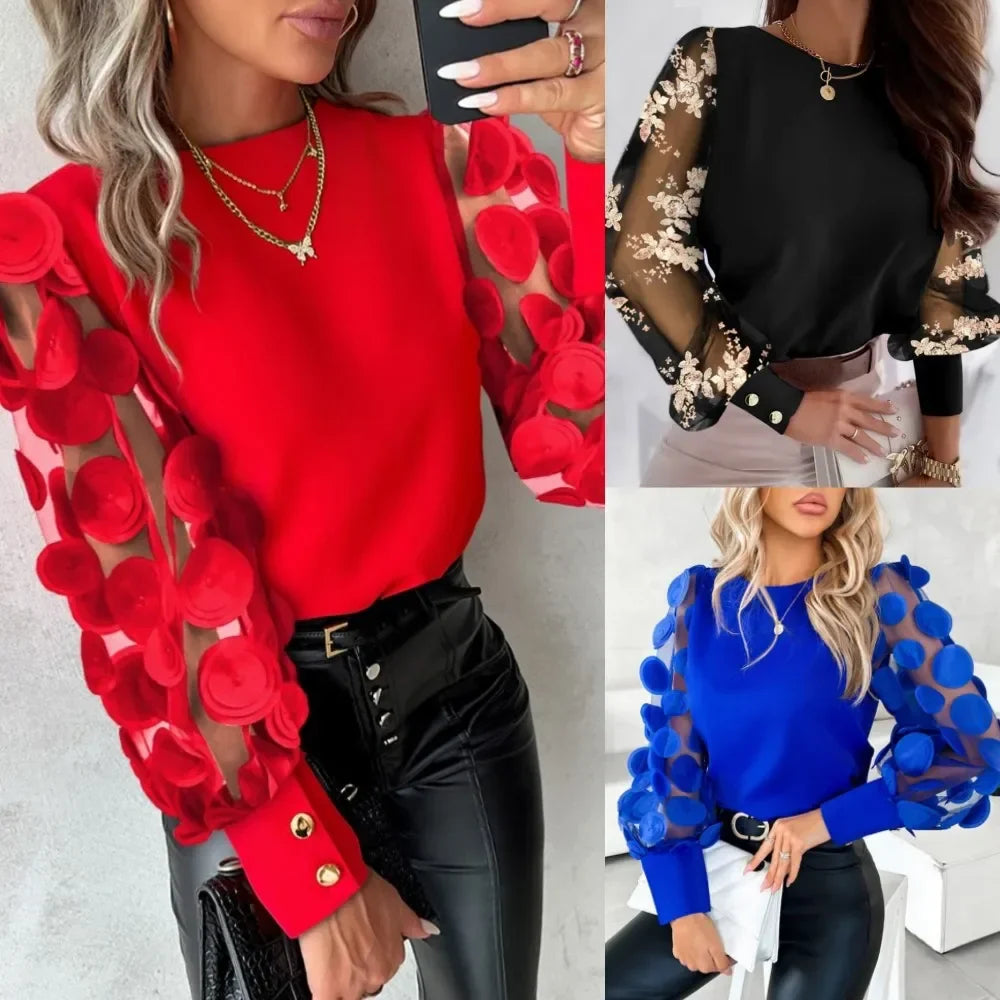 2025 Shirts For Women Fashion Simple O-Neck Red Lace Floral Sheer Mesh Patchwork Pullover female's Blouse