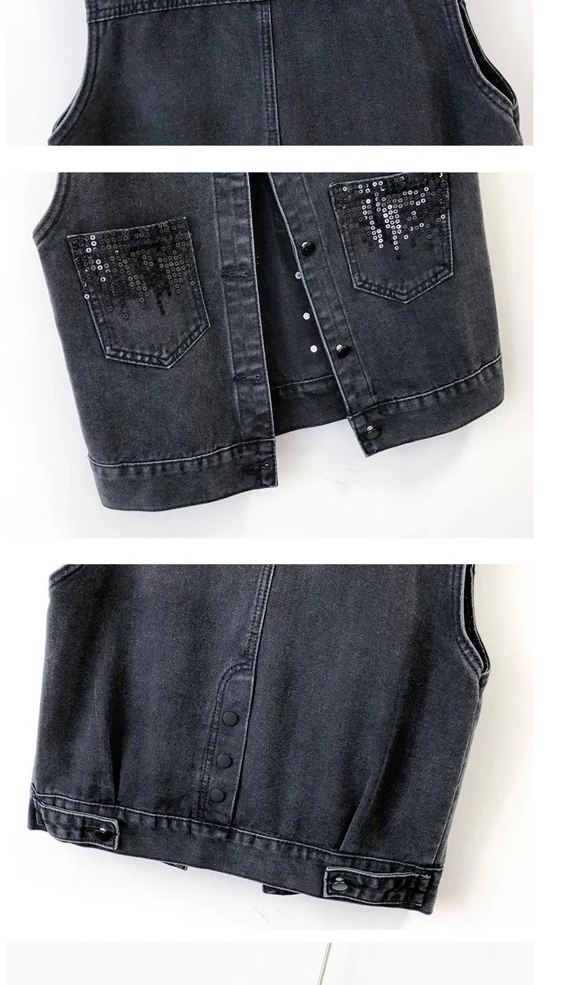 2024 Fashion Design Sequins Denim Vest Summer Autumn Women's Waistcoat Korean Leeveless Denim Jeans Jacket Female Vest Tops