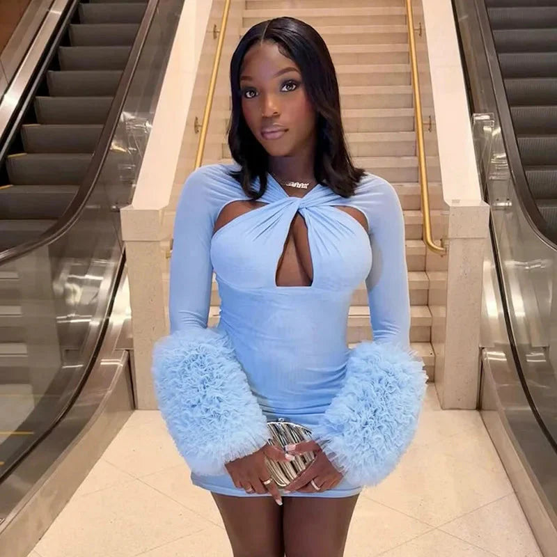 2025 Autumn Furry Patchwork Dress Women See Through Full Sleeve Sexy Hollow Cross Elegant Luxury Banquet Birthday Party Clubwear