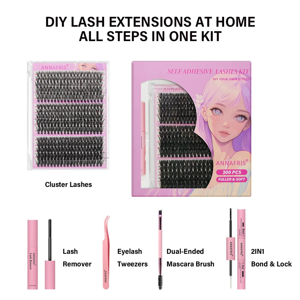 ANNAFRIS 300Pcs DIY Cluster Lash Extension Kit Color individual Lashes Kit with Lash Bond&Seal Remover Tweezers